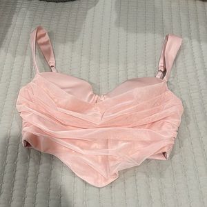 Oh Polly Chase Hearts Satin Mesh Bustier Crop Top in Blush